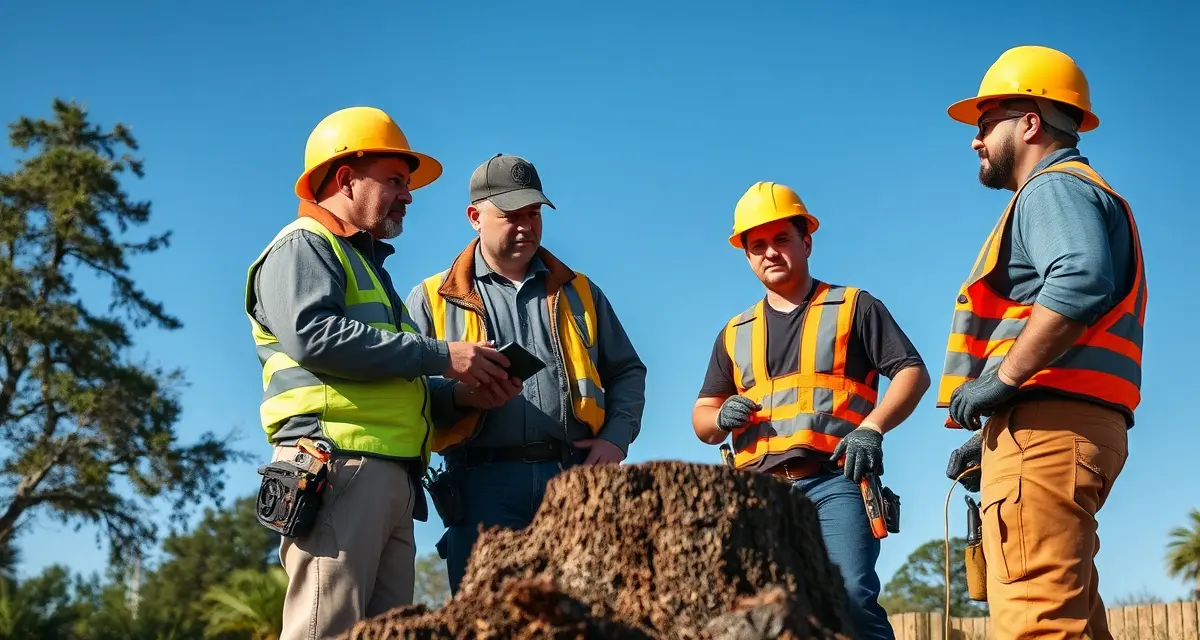 Managing subcontractors in tree service operations Tree service supervisor coordinating with subcontractor crew during stump removal job oversight and quality control.