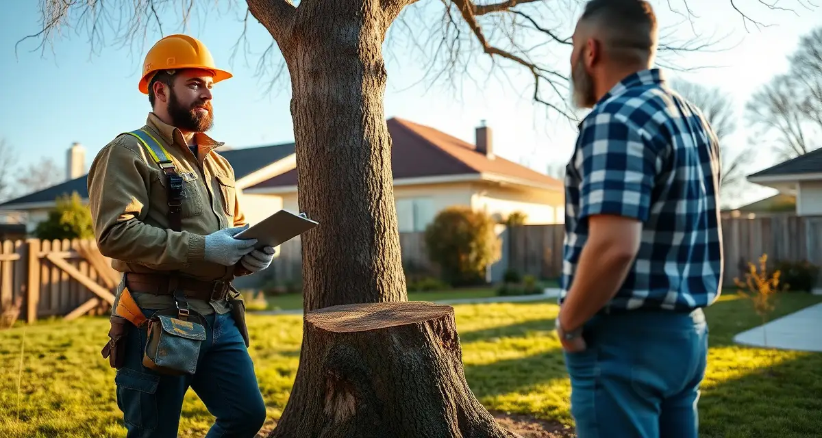 Professional tree service consultation for upselling add-on services Arborist discussing tree service upsell opportunities with homeowner during property consultation and quoting process.