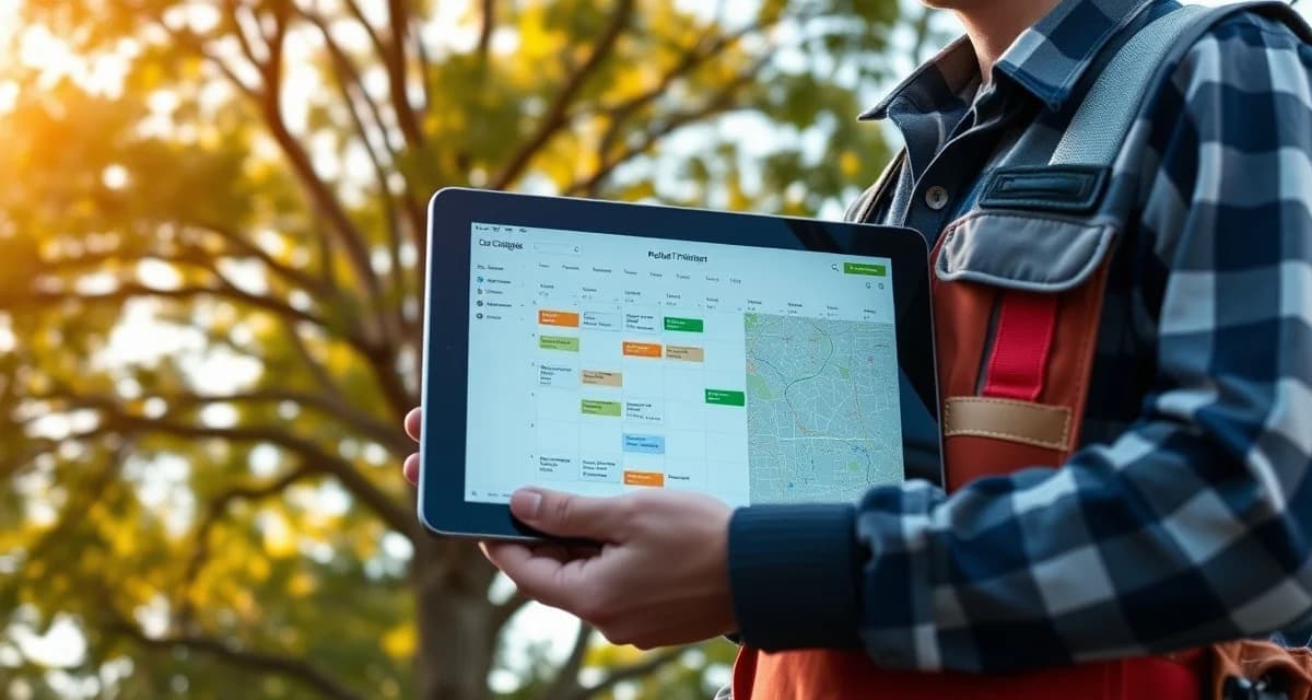 Digital scheduling solution for recurring tree trimming services Tree trimming scheduling software interface displaying recurring pruning schedules and customer service history for arborist route management