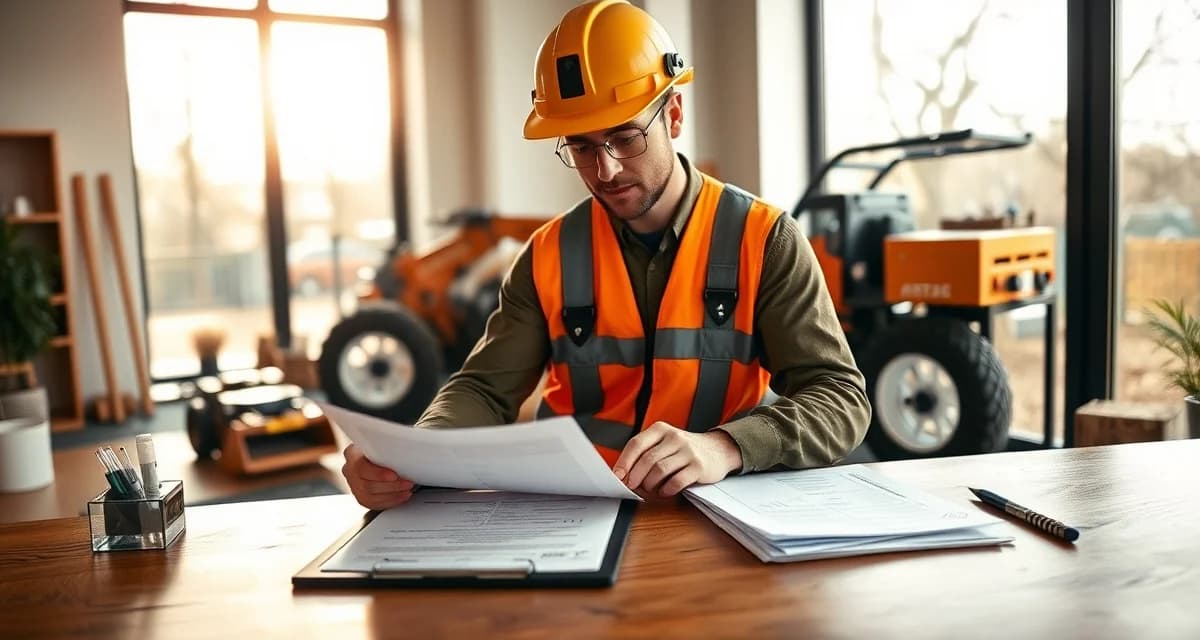 Commercial tree service contract negotiation Professional tree service contractor reviewing commercial contract bid documents at desk with equipment visible